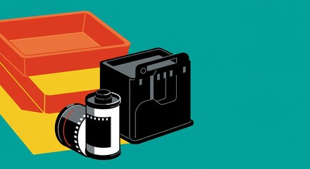 写真現像用具イラスト: ３個のフィルムと薬液入れ