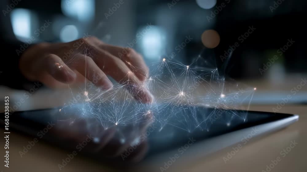 Poster medium composition of a blockchain node diagram displayed on a digital tablet nodes and connections 