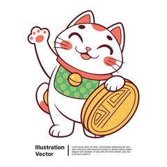 Lucky Cat Waving Paw and Holding Gold Coin, Japanese Maneki Neko Illustration