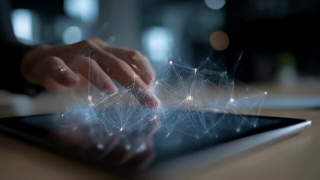 Medium composition of a blockchain node diagram displayed on a digital tablet nodes and connections in clear focus while the users hand and desk are out of focus.