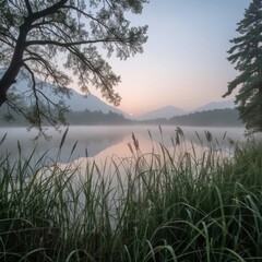 Fototapeta premium Foggy lake at dawn with tall grass 2