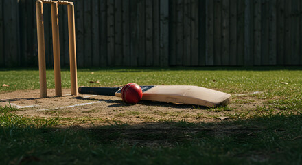 Cricket Equipment on Grass Field in Backyard with Wooden Fence