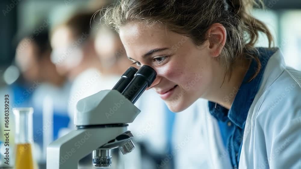Poster medium shot of a focused student using a microscope in a bright lab with blurred lab equipment and p