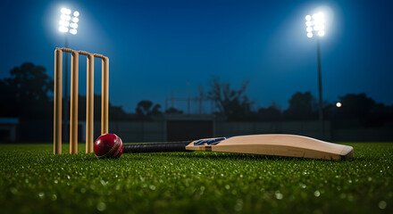 Cricket Equipment on Field Under Night Stadium Lights