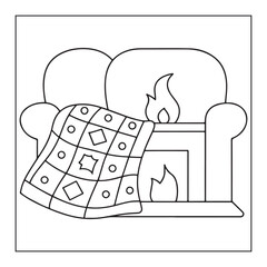 Black and white line art illustration of a comfortable armchair with a blanket and a lit fireplace