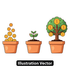Financial Growth Concept From Seedling to Money Tree in Pots, Illustrating Investment Returns