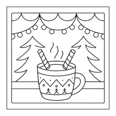 Black and white line art illustration of a steaming mug with candy canes and festive lights christmas