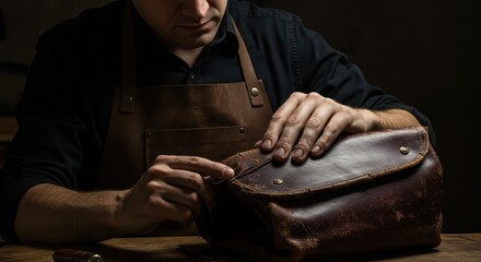 A craftsman meticulously works on a weathered leather satchel, showcasing the artistry of hand-crafted goods in a dark workshop setting.