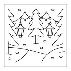 Black and white outline drawing of a winter forest scene with Christmas trees, lanterns, and snow