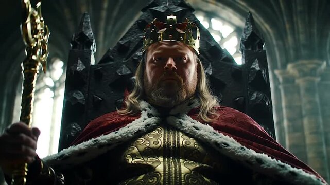 A king sits on a throne clad in royal attire holding a scepter in a castle setting