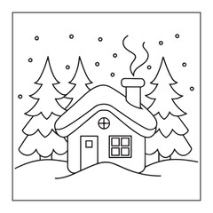 Fototapeta premium Cozy Line Art of a Snow- Covered House with a Chimney Emitting Smoke and Falling Snowflakes christmas