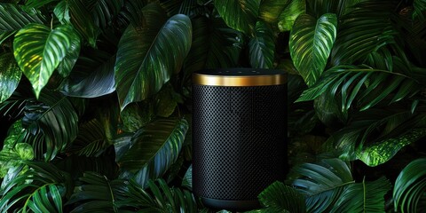 Statement piece: black speaker with gold edge surrounded by tropical greenery Stock photo