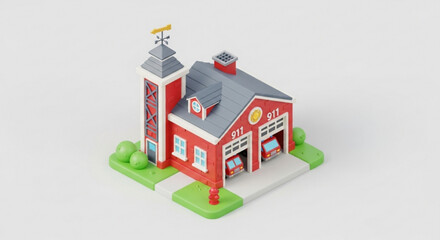Isometric fire station building with fire trucks and tower cartoon style emergency service architecture model
