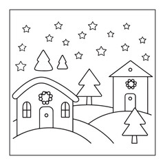 Whimsical Winter Village Scene with Snowing Stars and Decorated Houses christmas