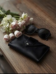 Fototapeta premium Elegant black leather wallet and stylish sunglasses on a rustic wooden table with soft pastel accents and minimalistic lighting.