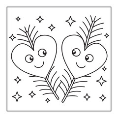 Two symmetrical cartoon hearts with feather accents and sparkling stars on a white background love