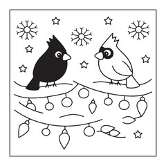 Two Cardinals Perched on a Branch with Christmas Lights and Snowflakes birds winter