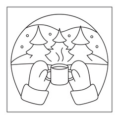 Cozy Winter Scene with Mittened Hands Holding a Steaming Mug Amidst Snowy Trees warm hot drink