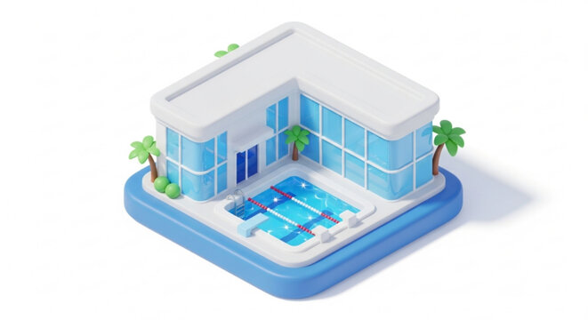 Isometric swimming pool building vector, public swimming pool, water park, aquatic center, swimming lessons vector