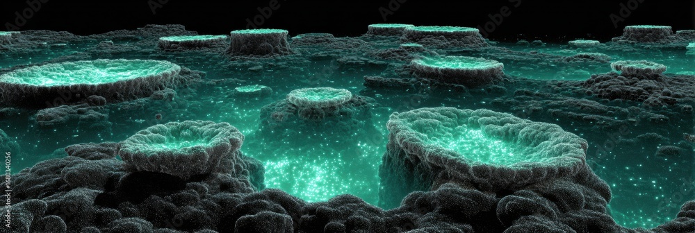 Poster microscopic view of glowing cellular structures in abstract environment with vibrant turquoise light