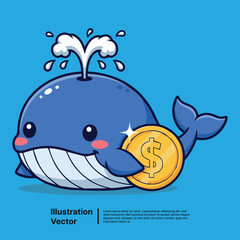 Cute cartoon whale holding a dollar coin financial concept illustration