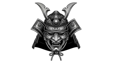Samurai Oni Mask: A Monochrome Illustration