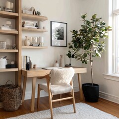 Stylish minimalist home office featuring wood desk and potted green plant