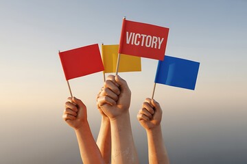 Celebrating Victory: Diverse hands holding flags high in triumph against a bright sky backdrop