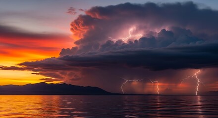 Stormy Sunset Over Water.