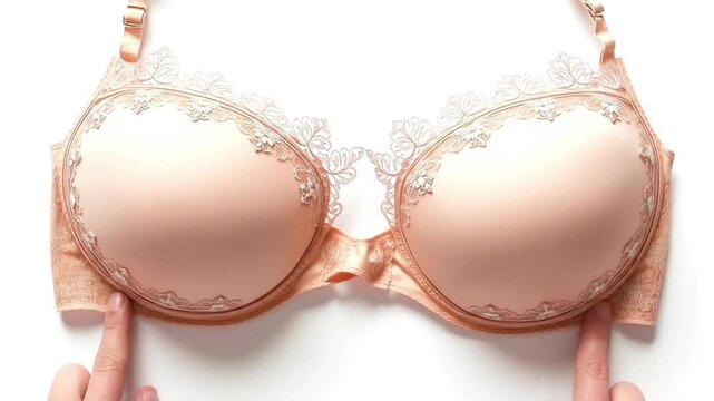A nude lacy bra is displayed against a white background with two hands gently touching its sides