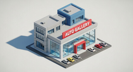 Obraz premium Auto dealership showroom building with cars parked outside for sale and automotive business presentation view