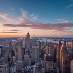 Downtown skyline glowing under a colorful sky at golden sunset