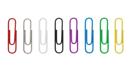Colorful paperclips isolated on transparent background