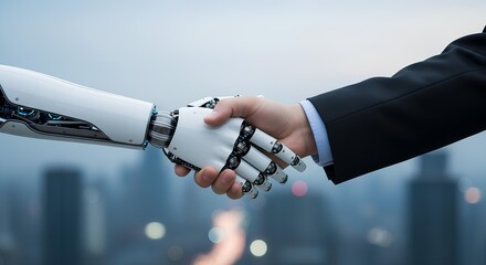 Businessman shaking hands with a robot, symbolizing the future of AI technology in business collaboration