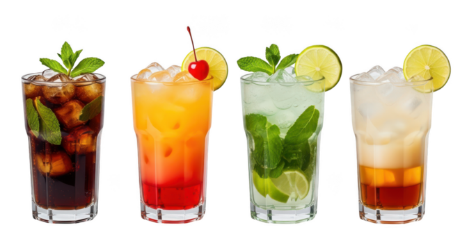 Four colorful cocktails isolated on transparent background