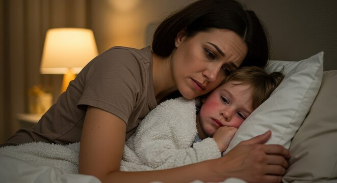 A worried mother cradles her sick child in a comforting embrace, illuminated by the soft glow of a nightlight.
