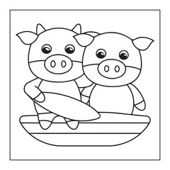 Two cute cartoon pigs wearing masks and holding a surfboard on a white background animal farm animal