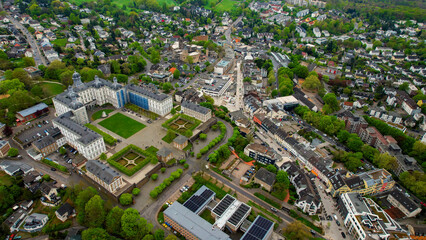 Naklejka premium Aerial view around the old town of the city Bensberg Bergisch Gladbach, Germany on a sunny spring morning