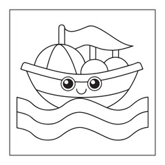 Black and white cartoon illustration of a happy boat with a flag and passengers sailing on waves