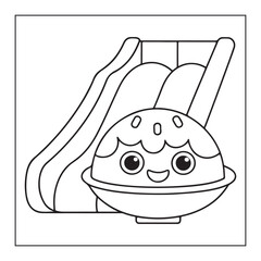 Black and white cartoon illustration of a smiling bowl of food with a slide meal dish