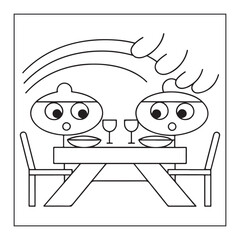 Two cartoon characters having a meal at a picnic table with wine glasses for a coloring page eating