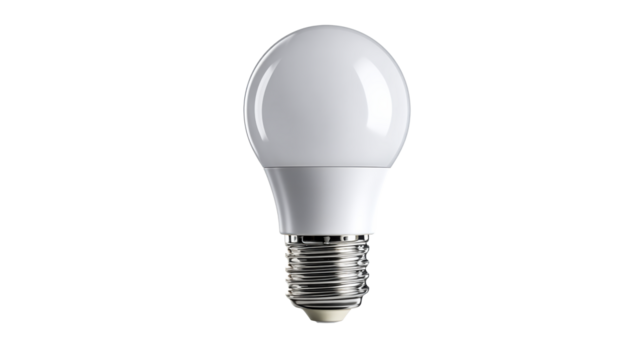 Energy-saving LED light bulb with a metal screw base isolated on a white background, cut out transparent