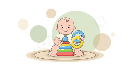 Naklejka premium Adorable Infant Playing With Colorful Rings on a Soft, Neutral-Toned Background