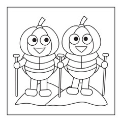 Two Cartoon Pumpkins With Ski Poles On Snowy Ground Coloring Page vector illustration