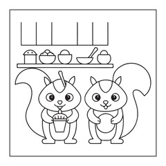 Two cute cartoon squirrels in a kitchen holding food items, coloring page animals