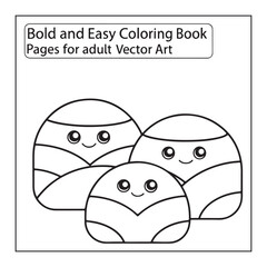 Three cute round cartoon characters with happy faces, coloring book page vector illustration
