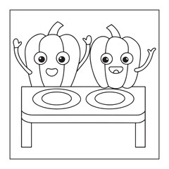 Two happy cartoon bell peppers waving from behind a table, coloring page vegetable food