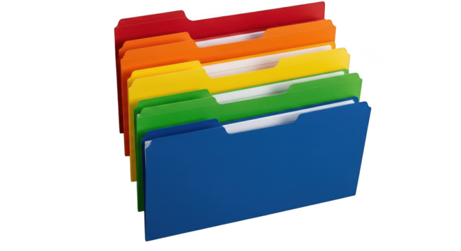 Colorful file folders isolated on transparent background for organization