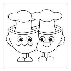 Two Cute Cartoon Coffee Cups with Faces and Hats Coloring Page drink beverage