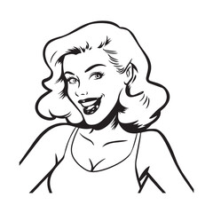 Beautiful Woman Black and White Vector Image Illustration Fashion Girl Portrait Line Art Drawing